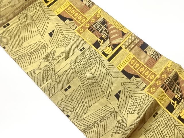 家屋風景模様織出し開き名古屋帯（額縁仕立て）